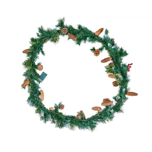 Christmas Garland, 9-Ft Artificial Christmas Garland with Light String, Faux Greenery Decoration with Berry Clusters, Pine Needles, Pine Cones, Realistic Xmas Collection for Mantel & Fireplace