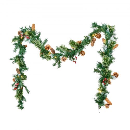 Christmas Garland, 9-Ft Artificial Christmas Garland with Light String, Faux Greenery Decoration with Berry Clusters, Pine Needles, Pine Cones, Realistic Xmas Collection for Mantel & Fireplace