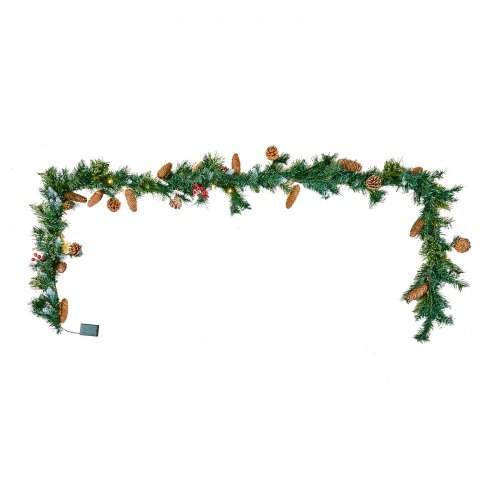 Christmas Garland, 9-Ft Artificial Christmas Garland with Light String, Faux Greenery Decoration with Berry Clusters, Pine Needles, Pine Cones, Realistic Xmas Collection for Mantel & Fireplace