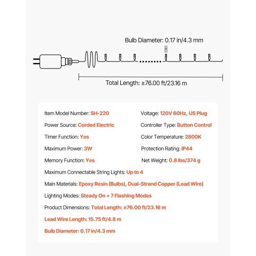 LED Christmas String Lights, 200 LED, 76 ft Connectable Warm White Christmas Lights Outdoor, with 8 Modes, Auto Timer, Twinkle Fairy Lighting Plug in, Waterproof for Tree Yard Patio Decoration