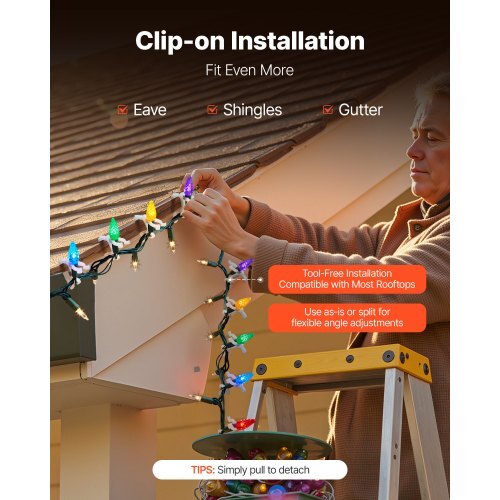 Christmas Light Clips, 200 Pack, Weatherproof Holiday Outdoor Lighting Hanging Hooks, Mount to Shingles & Gutters, for C3, C4, Mini, Outside String Lights, Christmas Decoration, No Tool Required