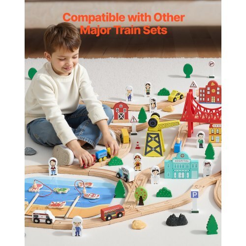 Wooden Train Set, 39PCS, Wood Train Track with Magnetic Trains and Railway Accessories, Compatible with Major Brands, Small Town, Christmas Birthday Toy for Kids Toddlers Ages 3-8 Boys and Girls