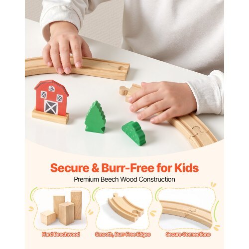 Wooden Train Set, 39PCS, Wood Train Track with Magnetic Trains and Railway Accessories, Compatible with Major Brands, Small Town, Christmas Birthday Toy for Kids Toddlers Ages 3-8 Boys and Girls
