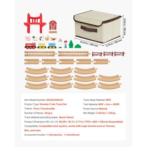 Wooden Train Set, 39PCS, Wood Train Track with Magnetic Trains and Railway Accessories, Compatible with Major Brands, Small Town, Christmas Birthday Toy for Kids Toddlers Ages 3-8 Boys and Girls