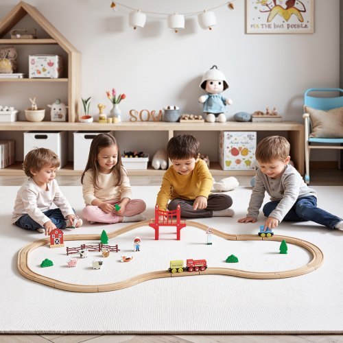 Wooden Train Set, 39PCS, Wood Train Track with Magnetic Trains and Railway Accessories, Compatible with Major Brands, Small Town, Christmas Birthday Toy for Kids Toddlers Ages 3-8 Boys and Girls