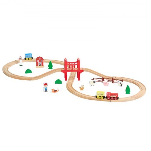 Wooden Train Set, 39PCS, Wood Train Track with Magnetic Trains and Railway Accessories, Compatible with Major Brands, Small Town, Christmas Birthday Toy for Kids Toddlers Ages 3-8 Boys and Girls