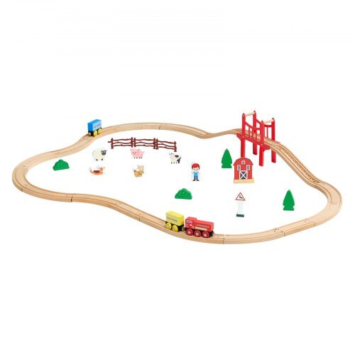 Wooden Train Set, 39PCS, Wood Train Track with Magnetic Trains and Railway Accessories, Compatible with Major Brands, Small Town, Christmas Birthday Toy for Kids Toddlers Ages 3-8 Boys and Girls