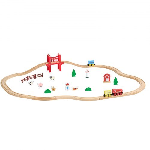 Wooden Train Set, 39PCS, Wood Train Track with Magnetic Trains and Railway Accessories, Compatible with Major Brands, Small Town, Christmas Birthday Toy for Kids Toddlers Ages 3-8 Boys and Girls