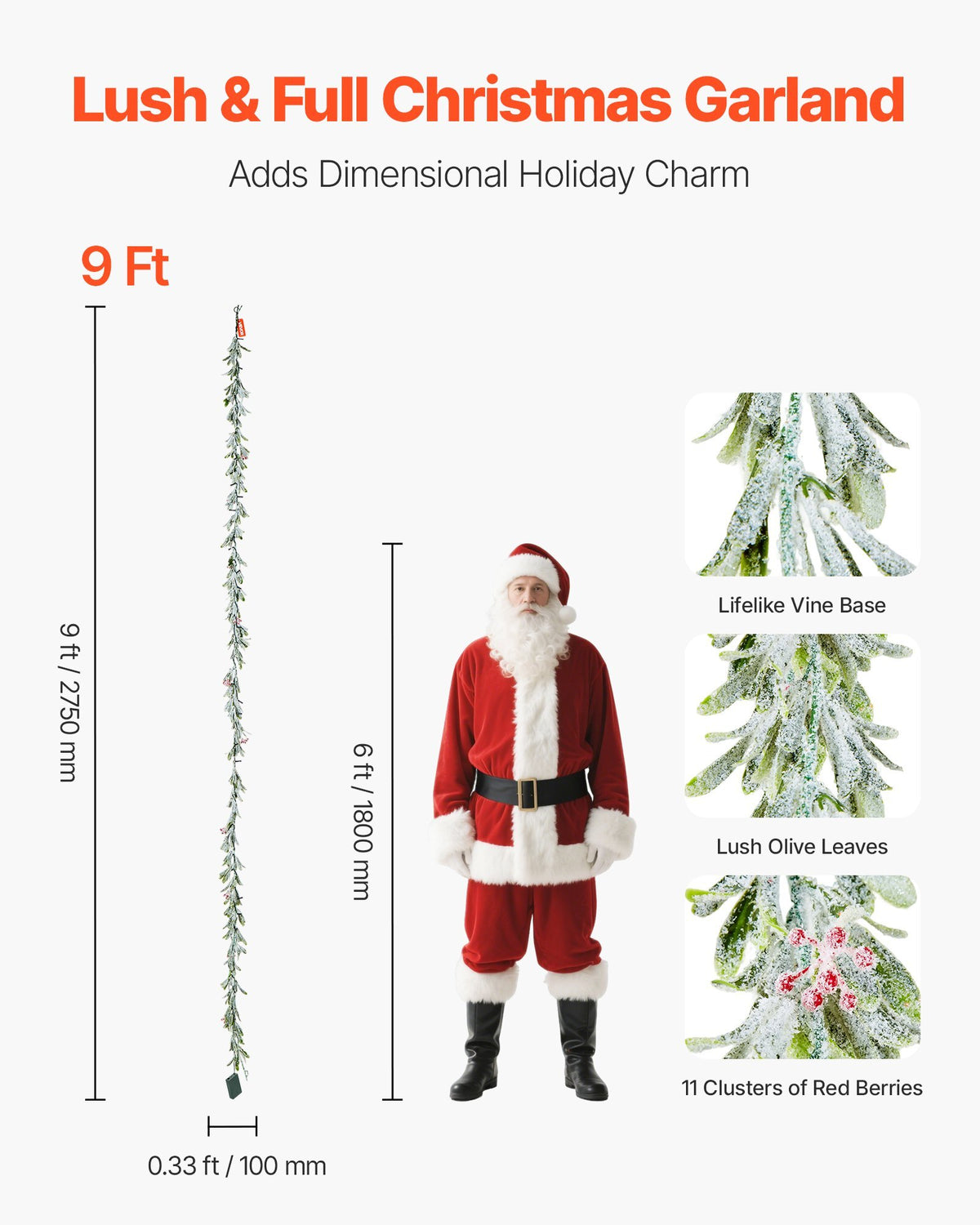 Christmas Garland, 9-FT Realistic Greenery Decorated with Vines, Olive Leaves, and Berries, Evergreen Faux Garlands with Light String for Indoor Outdoor Xmas Decoration on Mantel Fireplace