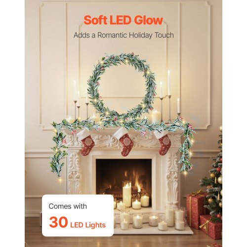 Christmas Garland, 9-FT Realistic Greenery Decorated with Vines, Olive Leaves, and Berries, Evergreen Faux Garlands with Light String for Indoor Outdoor Xmas Decoration on Mantel Fireplace
