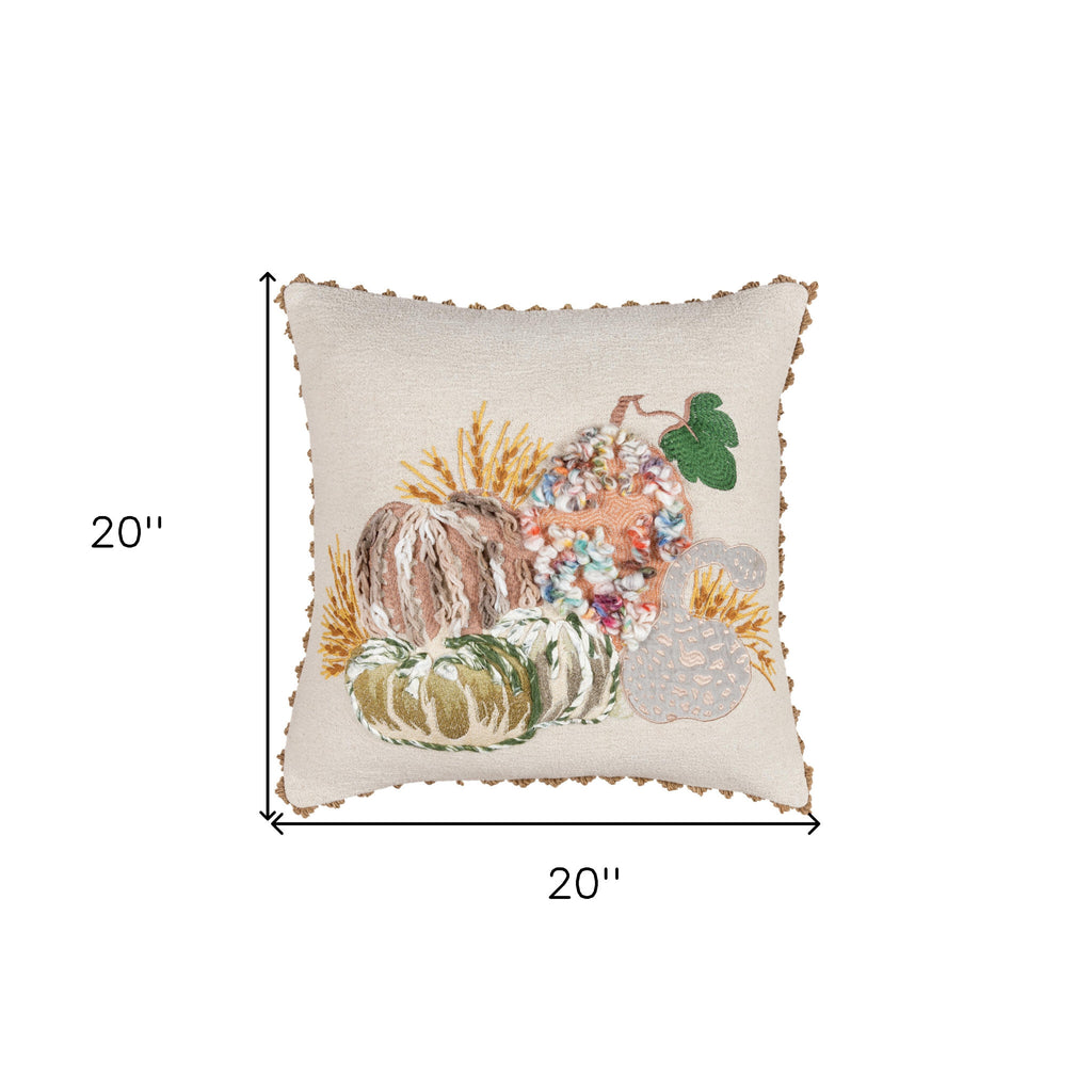 20" Beige and Green Thanksgiving Cotton Pillow With Applique, Embroidery Edges