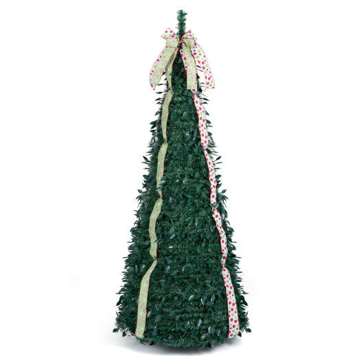 6 ft Pop Up Christmas Tree with PVC Holly Leaves 4 Festive Satin Ribbons and Top Christmas Bow - Color: Green - Size: 6 FT