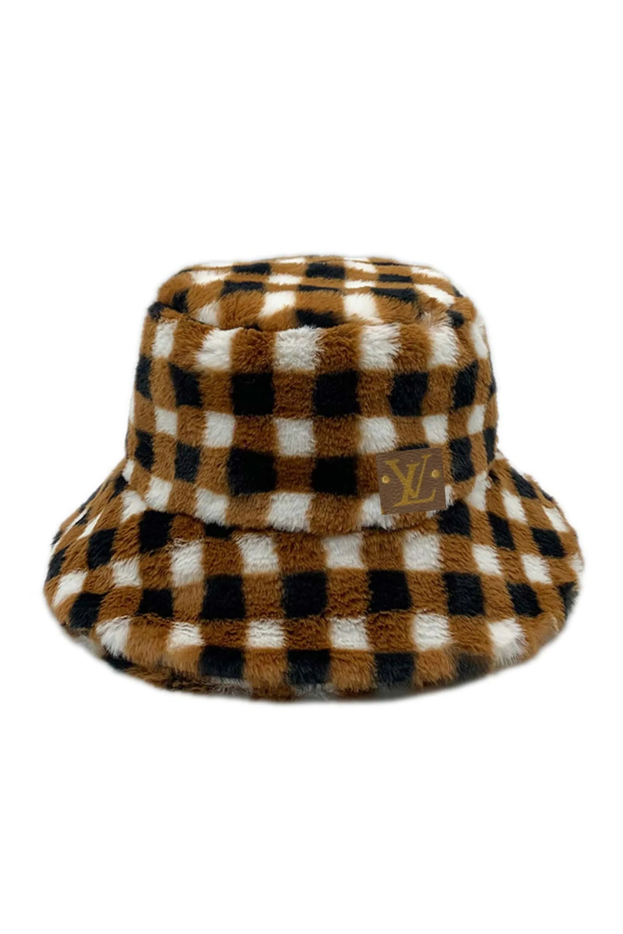 Upcycled Checkered Faux Fur Bucket Hat