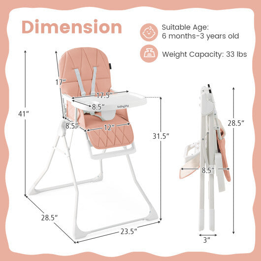 Easy Clean Compact Highchair with Removable Adjustable Tray and PU Seat Cushion-Pink - Color: Pink