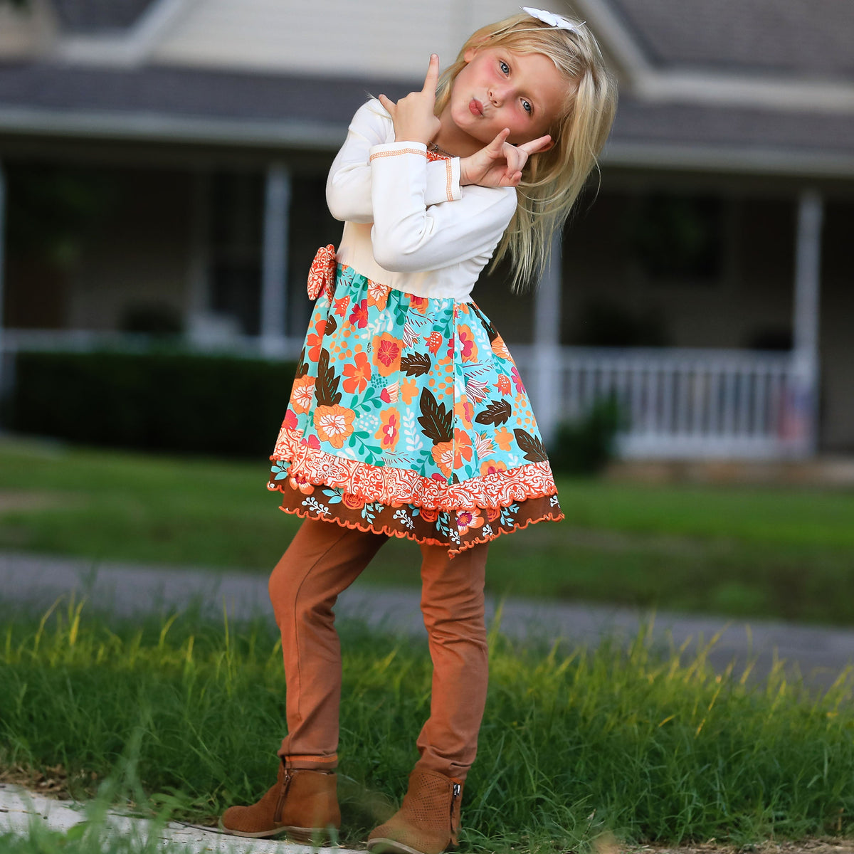 AnnLoren Girls Holiday Autumn Floral Ruffle Thanksgiving Dress & Leggings-4