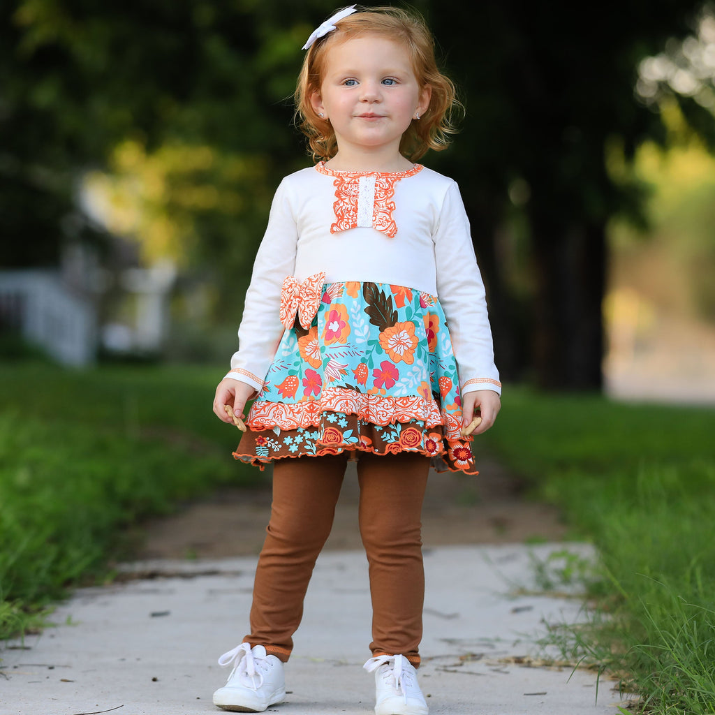 AnnLoren Girls Holiday Autumn Floral Ruffle Thanksgiving Dress & Leggings-1