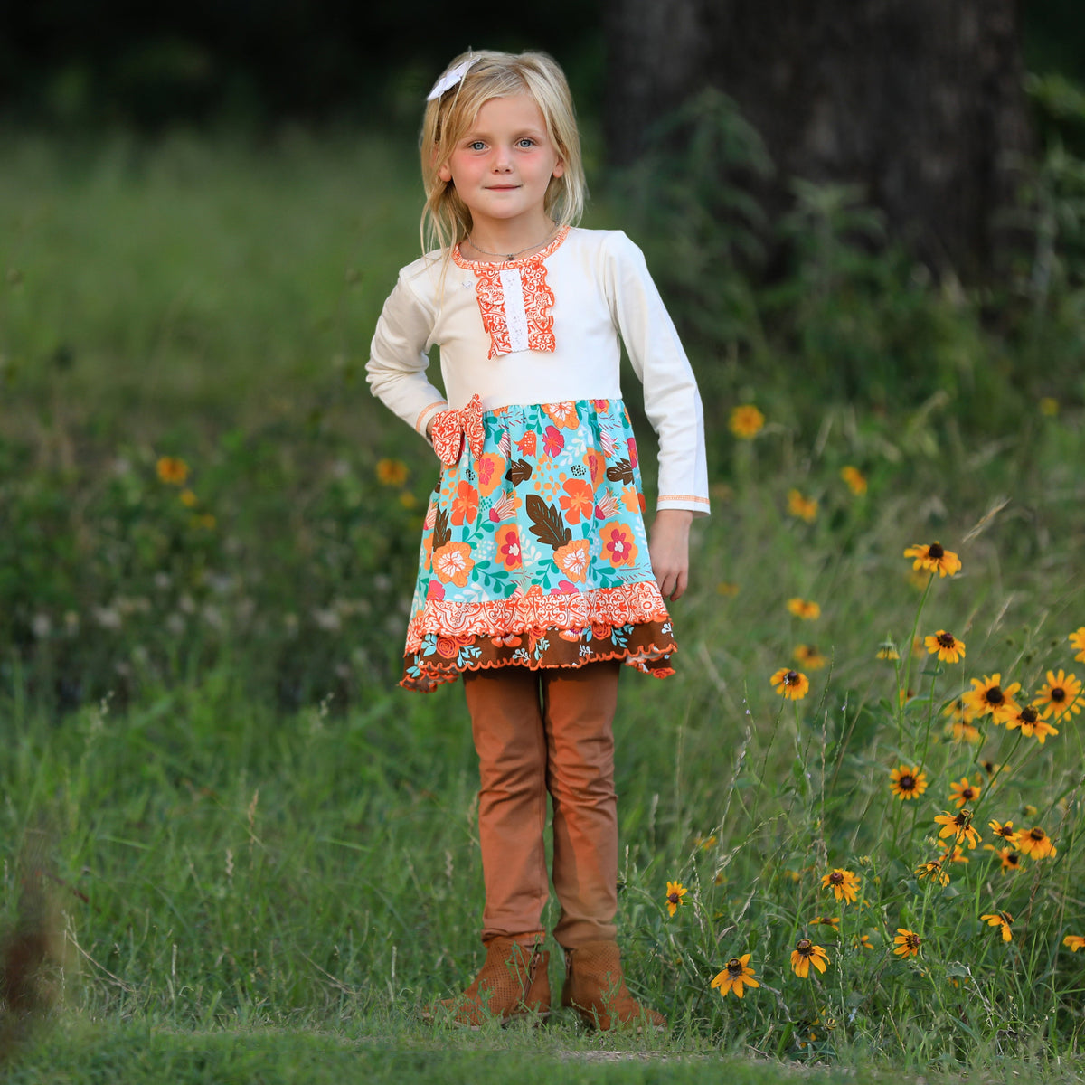 AnnLoren Girls Holiday Autumn Floral Ruffle Thanksgiving Dress & Leggings-2