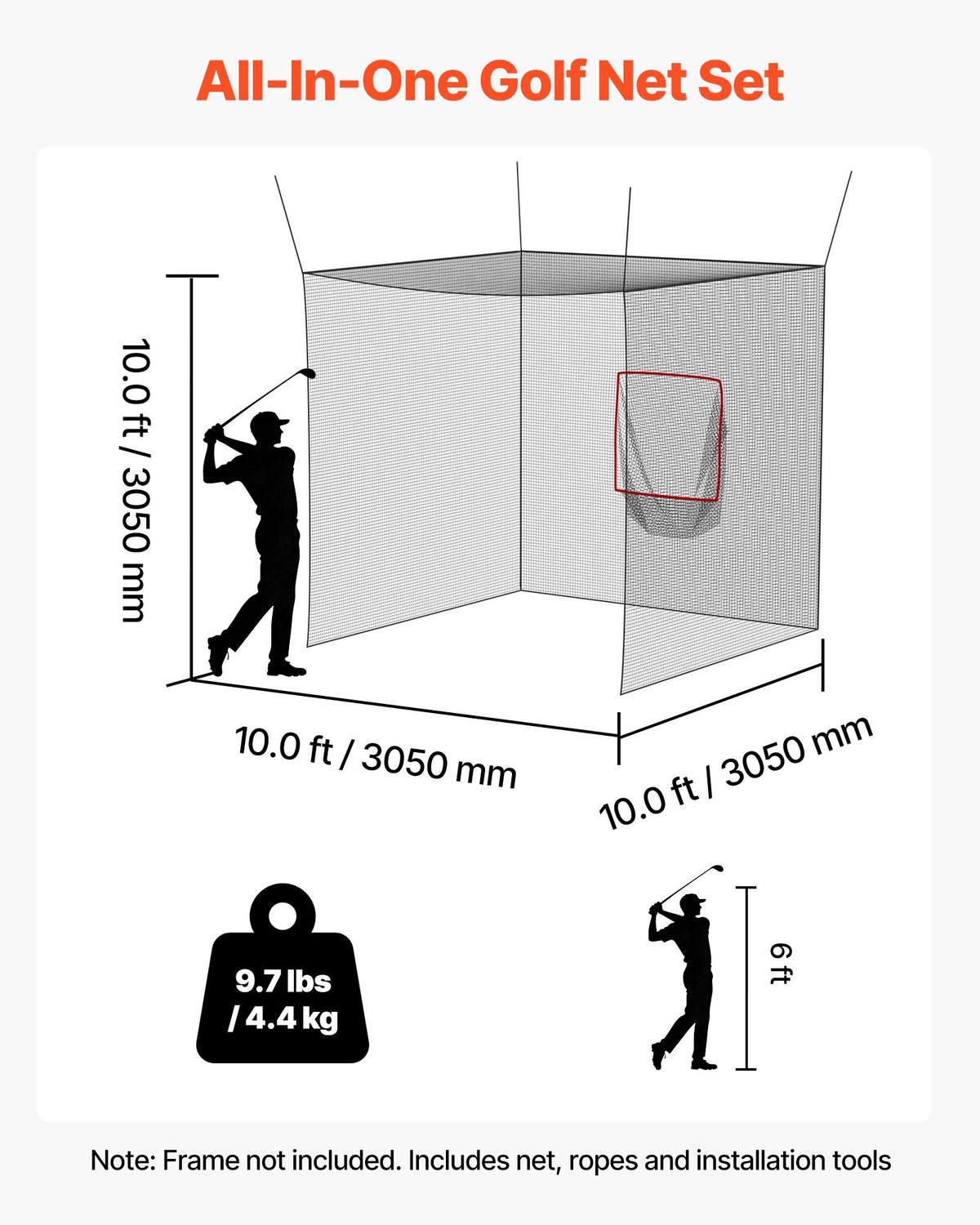 Golf Batting Cage, 10 x 10 x 10 FT Golf Cage, Driving Hitting Cages with 3-Ply Knotless Polyester, Golfs Target & 9-Hole Baseball Target, Golfs Hitting Net for Indoor, Outdoor, Backyard