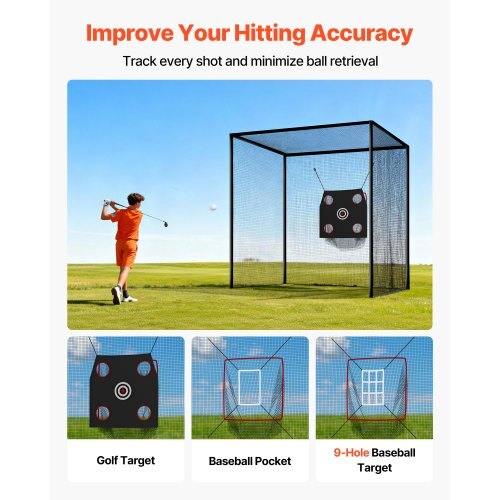 Golf Batting Cage, 10 x 10 x 10 FT Golf Cage, Driving Hitting Cages with 3-Ply Knotless Polyester, Golfs Target & 9-Hole Baseball Target, Golfs Hitting Net for Indoor, Outdoor, Backyard