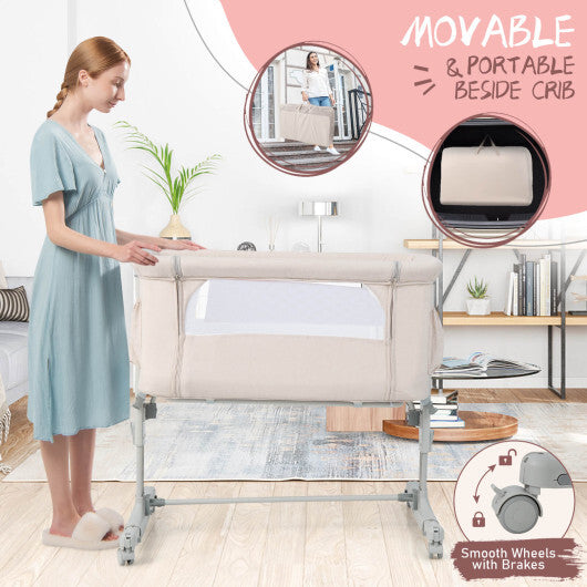 Portable Baby Bedside Bassinet with 5-level Adjustable Heights and Travel Bag-Beige