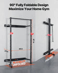 Folding Power Cage, Wall-Mounted Power Rack Squat Rack, Multifunctional Strength Training Workout Equipment with Landmine Holder, Adjustable J-Hooks & Pull-Up Bar for Home Gym, 1000LBS Capacity