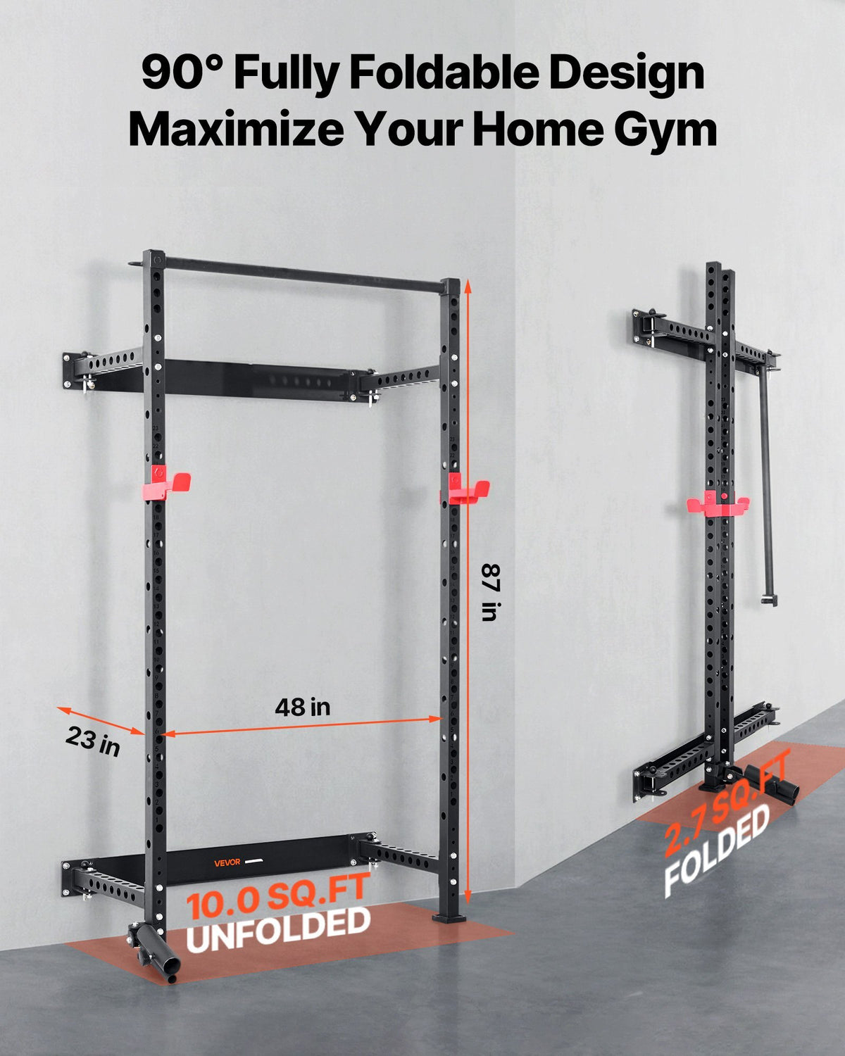 Folding Power Cage, Wall-Mounted Power Rack Squat Rack, Multifunctional Strength Training Workout Equipment with Landmine Holder, Adjustable J-Hooks & Pull-Up Bar for Home Gym, 1000LBS Capacity
