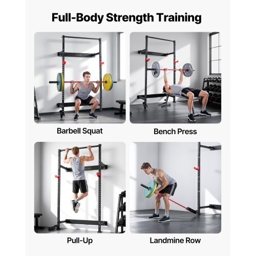 Folding Power Cage, Wall-Mounted Power Rack Squat Rack, Multifunctional Strength Training Workout Equipment with Landmine Holder, Adjustable J-Hooks & Pull-Up Bar for Home Gym, 1000LBS Capacity