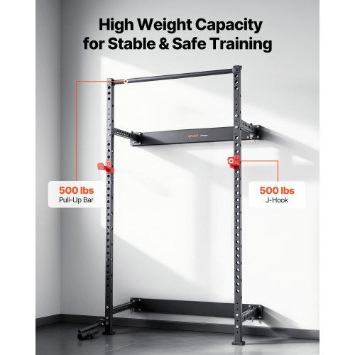 Folding Power Cage, Wall-Mounted Power Rack Squat Rack, Multifunctional Strength Training Workout Equipment with Landmine Holder, Adjustable J-Hooks & Pull-Up Bar for Home Gym, 1000LBS Capacity