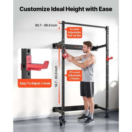 Folding Power Cage, Wall-Mounted Power Rack Squat Rack, Multifunctional Strength Training Workout Equipment with Landmine Holder, Adjustable J-Hooks & Pull-Up Bar for Home Gym, 1000LBS Capacity