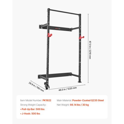 Folding Power Cage, Wall-Mounted Power Rack Squat Rack, Multifunctional Strength Training Workout Equipment with Landmine Holder, Adjustable J-Hooks & Pull-Up Bar for Home Gym, 1000LBS Capacity