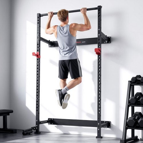 Folding Power Cage, Wall-Mounted Power Rack Squat Rack, Multifunctional Strength Training Workout Equipment with Landmine Holder, Adjustable J-Hooks & Pull-Up Bar for Home Gym, 1000LBS Capacity