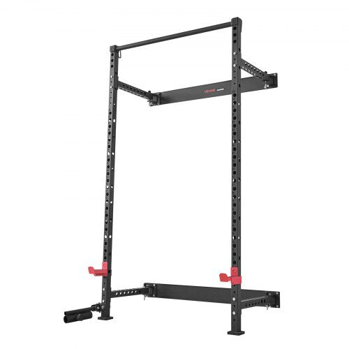 Folding Power Cage, Wall-Mounted Power Rack Squat Rack, Multifunctional Strength Training Workout Equipment with Landmine Holder, Adjustable J-Hooks & Pull-Up Bar for Home Gym, 1000LBS Capacity