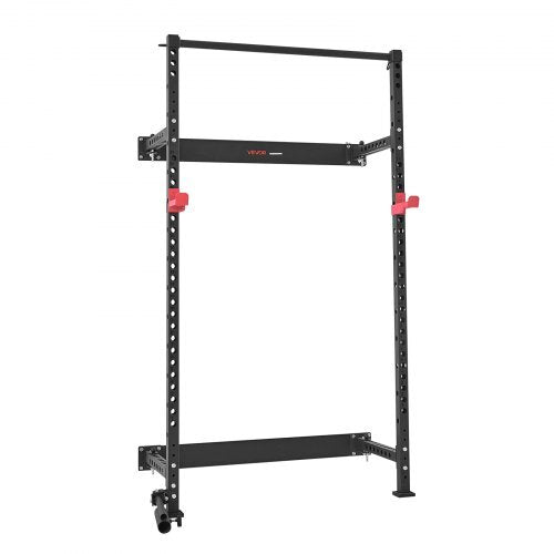 Folding Power Cage, Wall-Mounted Power Rack Squat Rack, Multifunctional Strength Training Workout Equipment with Landmine Holder, Adjustable J-Hooks & Pull-Up Bar for Home Gym, 1000LBS Capacity