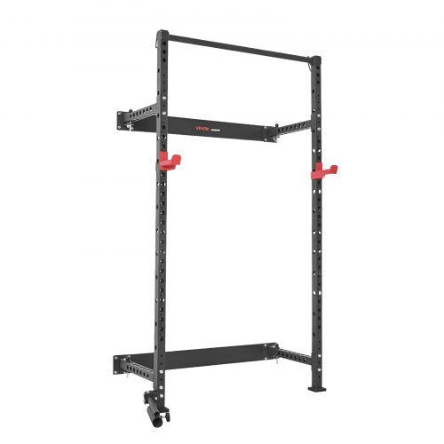 Folding Power Cage, Wall-Mounted Power Rack Squat Rack, Multifunctional Strength Training Workout Equipment with Landmine Holder, Adjustable J-Hooks & Pull-Up Bar for Home Gym, 1000LBS Capacity