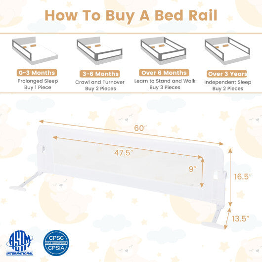 60-Inch Foldable Bed Rail Swing Down Baby Bed Guard Rail with Adjustable Safety Strap-White - Color: White