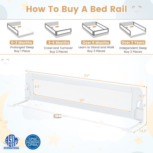 71-Inch Foldable Bed Rail Swing Down Baby Bed Guard Rail with Adjustable Safety Strap-White - Color: White