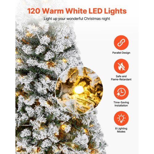 Christmas Tree, 4ft Prelit Flocked Artificial Tree, Full Holiday Xmas Deco Trees with 120 Warm White LED Lights, 8 Lighting Modes & 539 Branch Tips for Home Party Office Decoration
