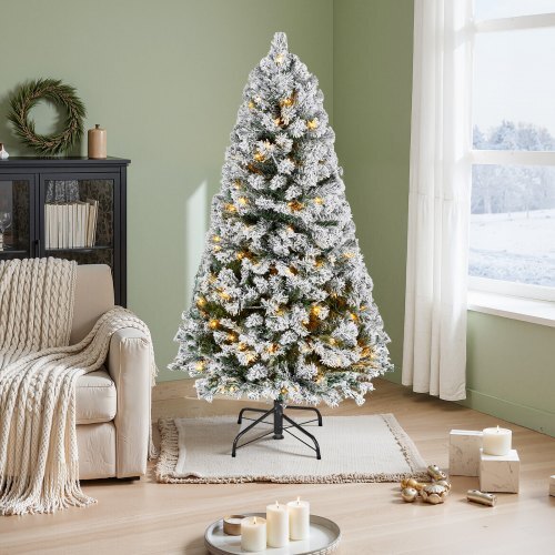 Christmas Tree, 4ft Prelit Flocked Artificial Tree, Full Holiday Xmas Deco Trees with 120 Warm White LED Lights, 8 Lighting Modes & 539 Branch Tips for Home Party Office Decoration