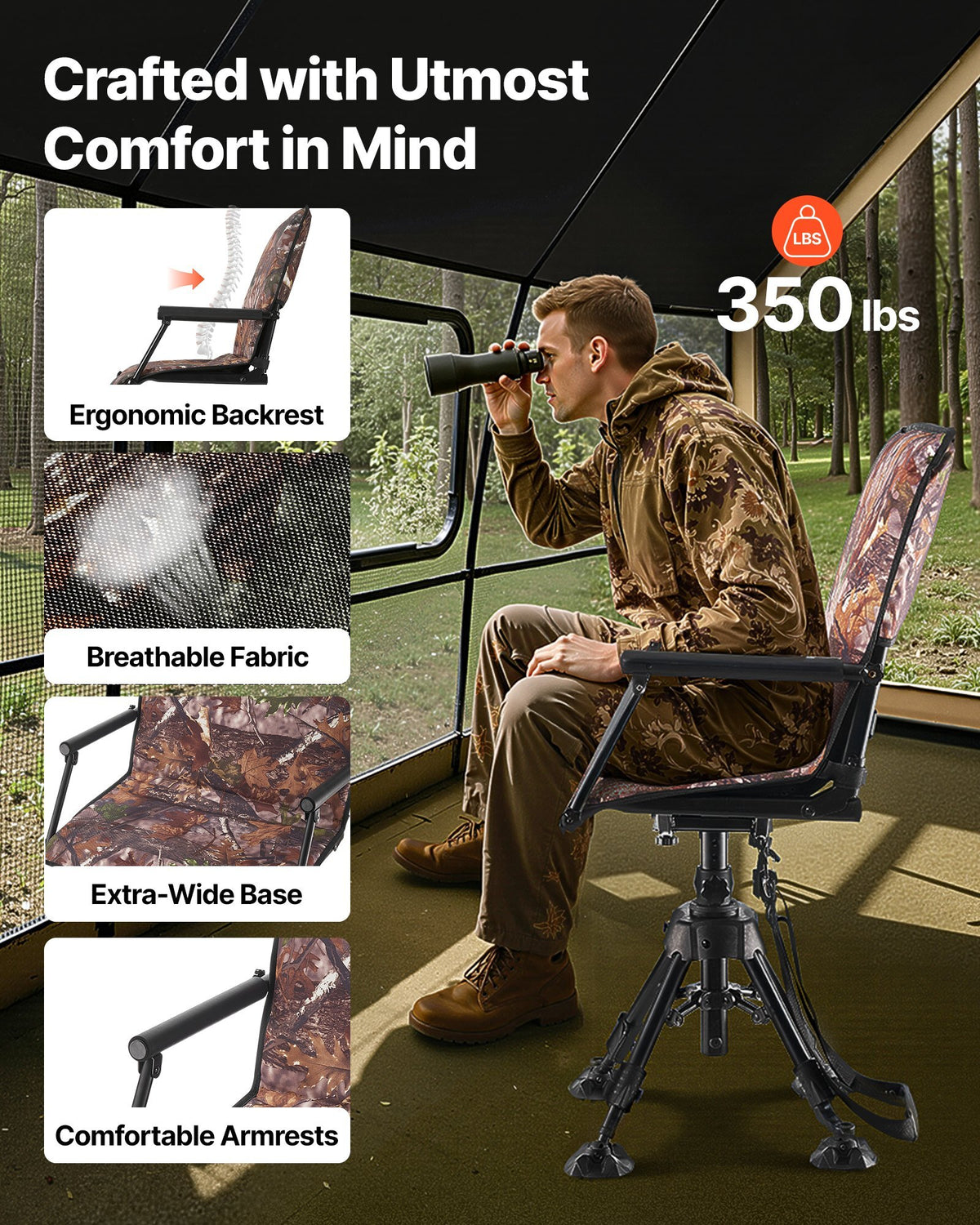 Hunting Chair, 360? Silent Swivel, Foldable Portable Blind Chair, Heavy-Duty Steel Frame Ground Stool Seat, with Armrests, Cover, Anti-Sink Feet, Height Adjustable, 350 Lbs Capacity for Camping