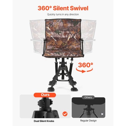 Hunting Chair, 360? Silent Swivel, Foldable Portable Blind Chair, Heavy-Duty Steel Frame Ground Stool Seat, with Armrests, Cover, Anti-Sink Feet, Height Adjustable, 350 Lbs Capacity for Camping