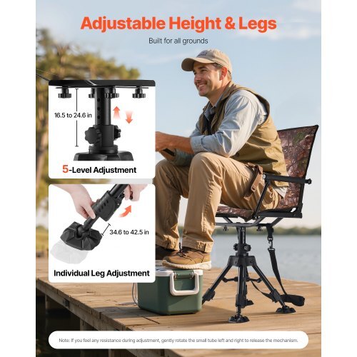 Hunting Chair, 360? Silent Swivel, Foldable Portable Blind Chair, Heavy-Duty Steel Frame Ground Stool Seat, with Armrests, Cover, Anti-Sink Feet, Height Adjustable, 350 Lbs Capacity for Camping