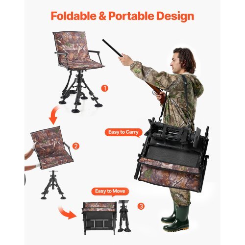 Hunting Chair, 360? Silent Swivel, Foldable Portable Blind Chair, Heavy-Duty Steel Frame Ground Stool Seat, with Armrests, Cover, Anti-Sink Feet, Height Adjustable, 350 Lbs Capacity for Camping