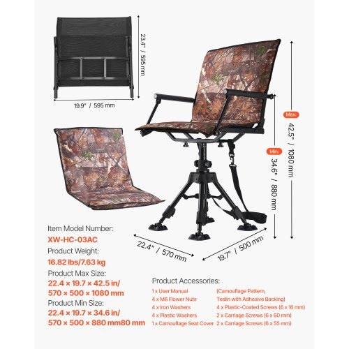 Hunting Chair, 360? Silent Swivel, Foldable Portable Blind Chair, Heavy-Duty Steel Frame Ground Stool Seat, with Armrests, Cover, Anti-Sink Feet, Height Adjustable, 350 Lbs Capacity for Camping