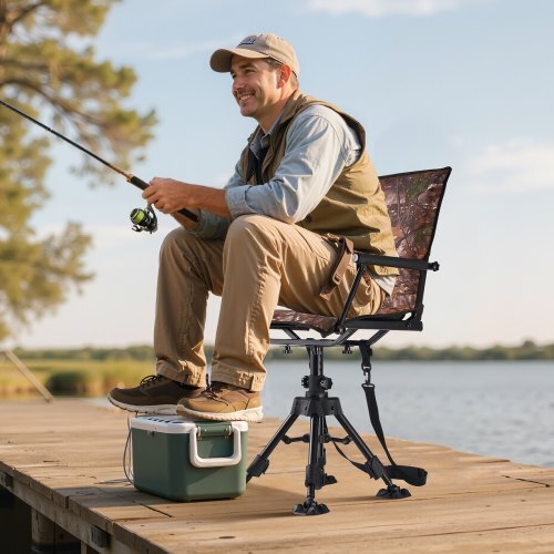 Hunting Chair, 360? Silent Swivel, Foldable Portable Blind Chair, Heavy-Duty Steel Frame Ground Stool Seat, with Armrests, Cover, Anti-Sink Feet, Height Adjustable, 350 Lbs Capacity for Camping