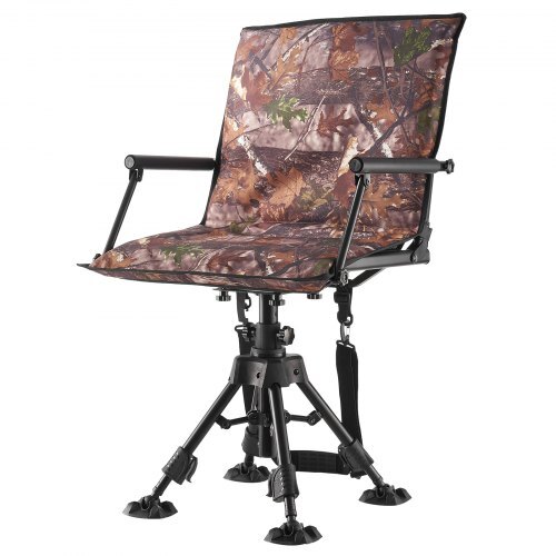 Hunting Chair, 360? Silent Swivel, Foldable Portable Blind Chair, Heavy-Duty Steel Frame Ground Stool Seat, with Armrests, Cover, Anti-Sink Feet, Height Adjustable, 350 Lbs Capacity for Camping