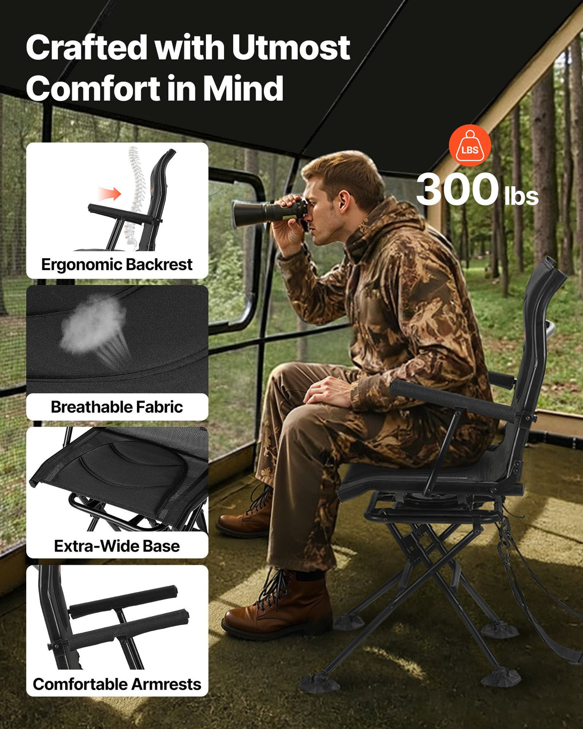 Hunting Chair, 360? Silent Swivel, Foldable Portable Blind Chair, Heavy-Duty Steel Frame Ground Stool Seat, with Armrests, Adjustable Carry Strap, Anti-Sink Feet, 300 Lbs Capacity for Fishing