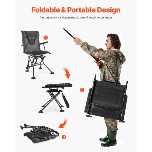 Hunting Chair, 360? Silent Swivel, Foldable Portable Blind Chair, Heavy-Duty Steel Frame Ground Stool Seat, with Armrests, Adjustable Carry Strap, Anti-Sink Feet, 300 Lbs Capacity for Fishing
