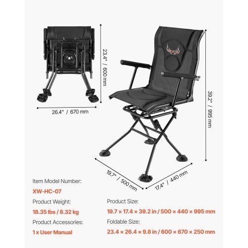 Hunting Chair, 360? Silent Swivel, Foldable Portable Blind Chair, Heavy-Duty Steel Frame Ground Stool Seat, with Armrests, Adjustable Carry Strap, Anti-Sink Feet, 300 Lbs Capacity for Fishing