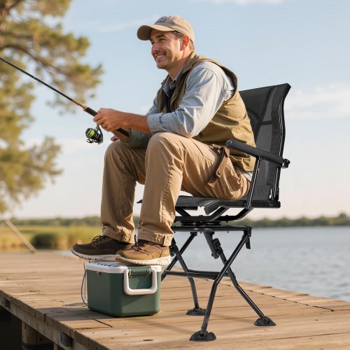 Hunting Chair, 360? Silent Swivel, Foldable Portable Blind Chair, Heavy-Duty Steel Frame Ground Stool Seat, with Armrests, Adjustable Carry Strap, Anti-Sink Feet, 300 Lbs Capacity for Fishing