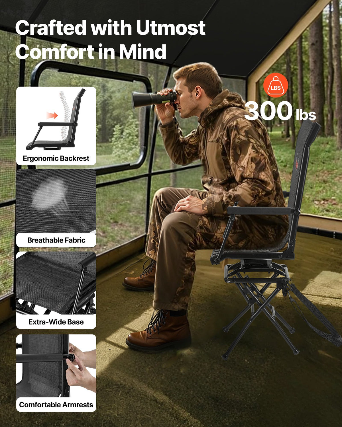 Hunting Chair, 360? Silent Swivel, Foldable Lightweight Portable Blind Chair, Heavy-Duty Steel Frame Ground Stool Seat, with Armrest, Adjustable Carry Strap, 300 Lbs Capacity for Fishing Camping